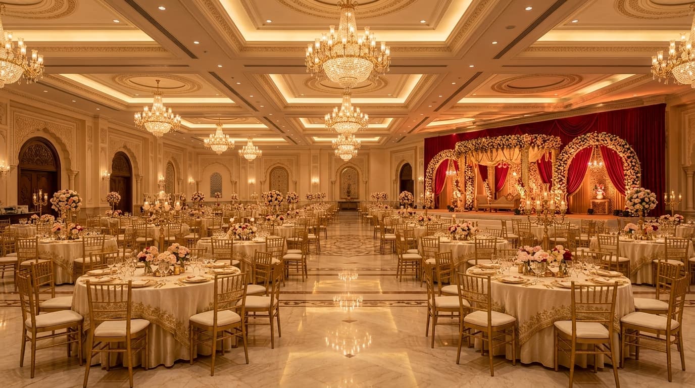 Luxury indoor AC wedding banquet hall in Varanasi with crystal chandeliers and royal stage setup