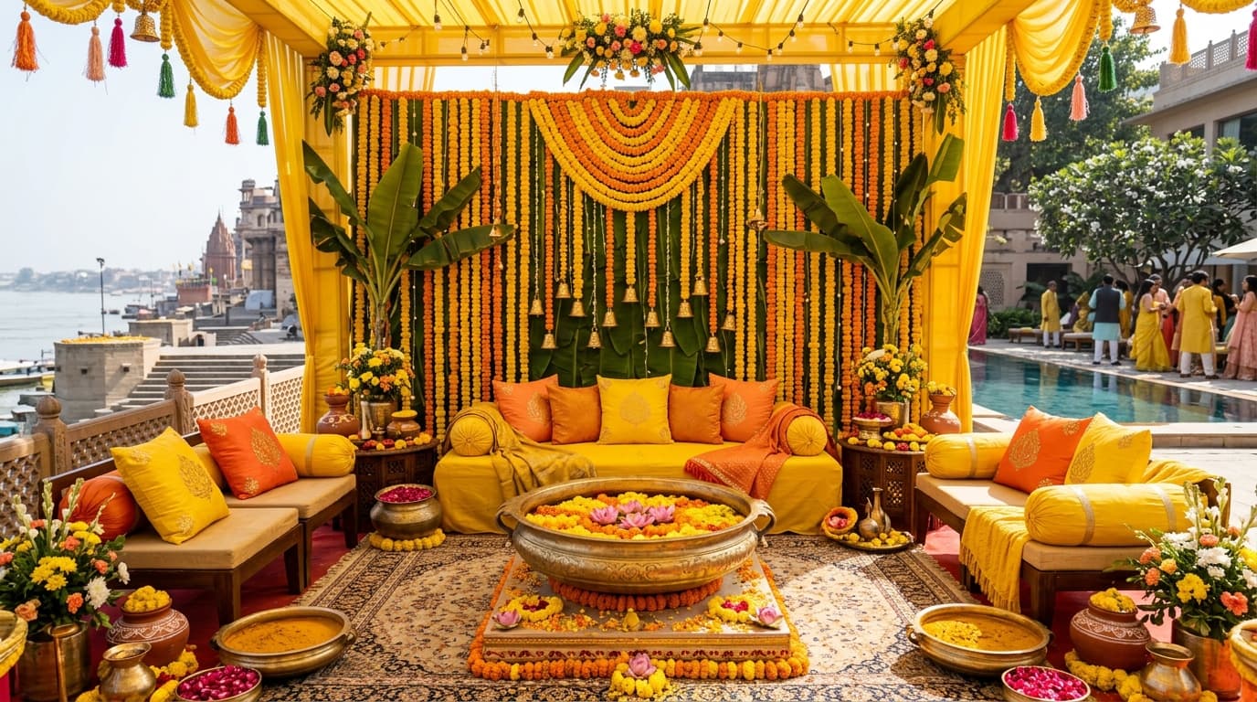 Vibrant Haldi ceremony setup in Varanasi with brass urli seating, cascading marigold backdrop, banana leaves, and yellow cushions