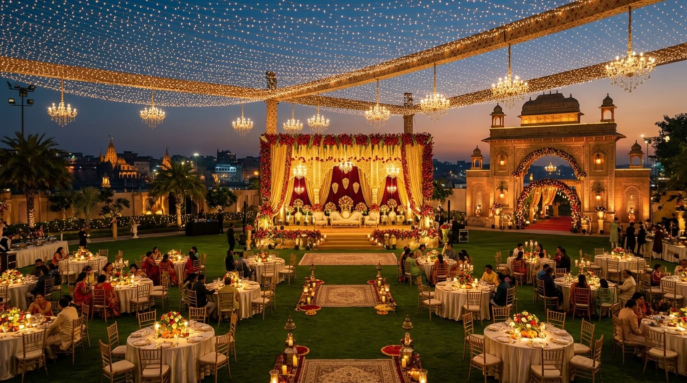 Grand luxury marriage lawn in Varanasi illuminated with thousands of fairy lights and royal stage