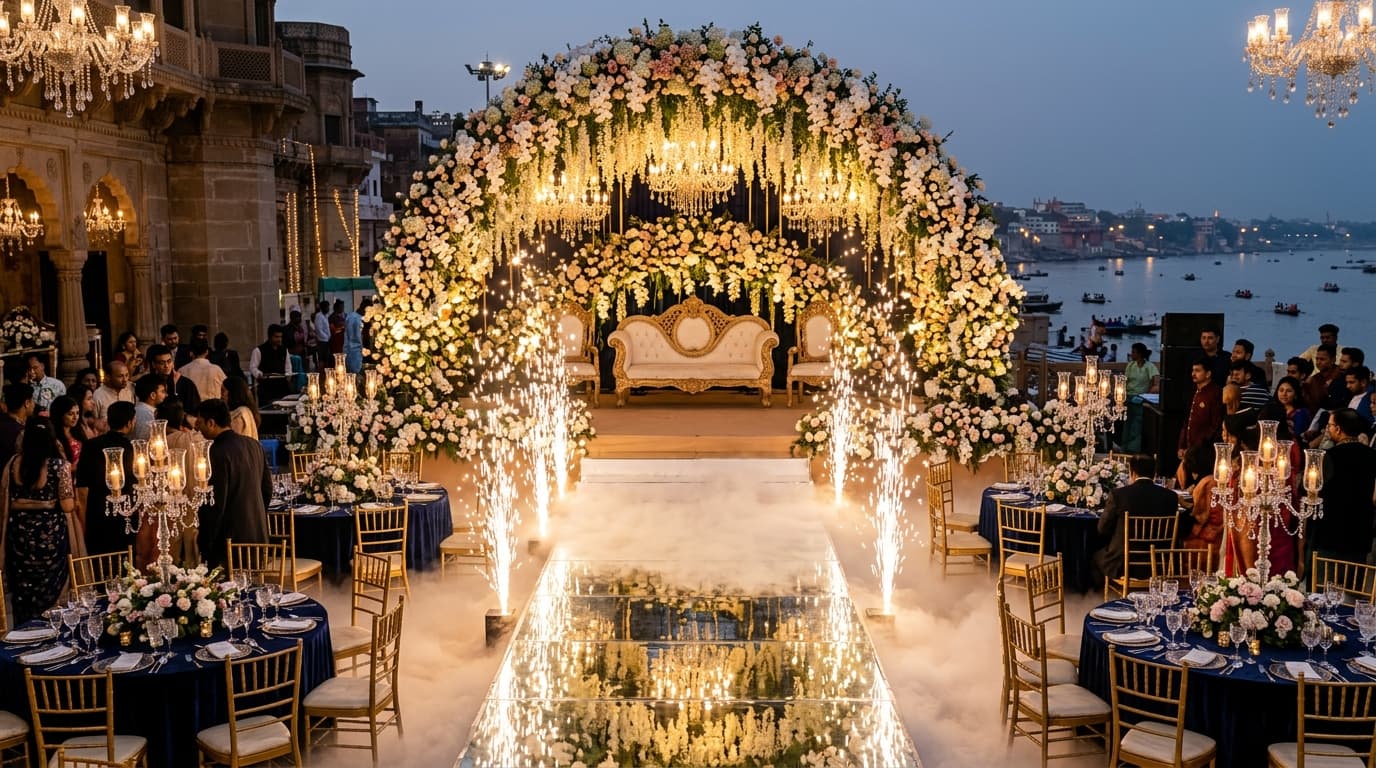 Grand wedding reception setup in Varanasi featuring an immense floral arch stage, crystal chandeliers, mirror walkway, and luxury dining tables