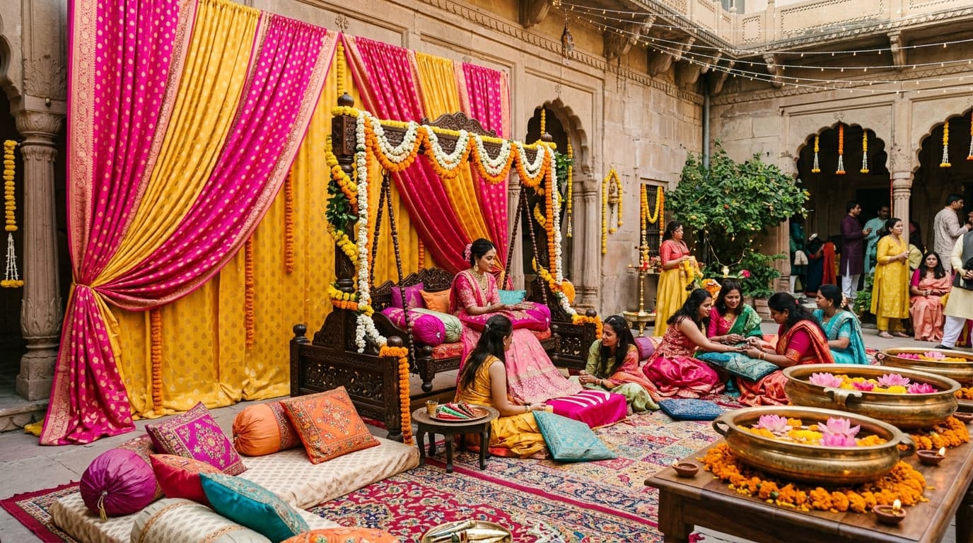 Vibrant Mehndi ceremony setup in Varanasi featuring floral decorated wooden swing jhula, Banarasi silk drapes, and traditional floor seating