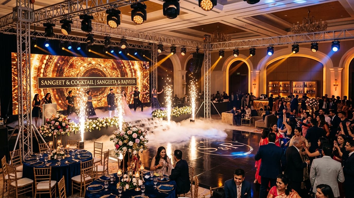 Luxury Sangeet and Cocktail night setup in Varanasi with concert lighting truss, LED video screen, cold pyros, and dance floor