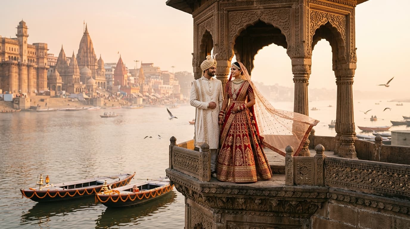 Bride and groom in royal wedding attire posing on a carved stone heritage ghat balcony overlooking the river Ganges in Varanasi at sunrise