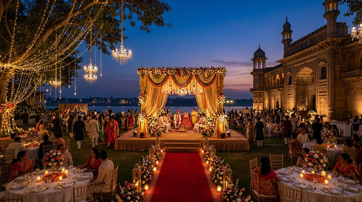 Luxury outdoor wedding venue in Varanasi with illuminated mandap, fairy lights, and banquet tables at night